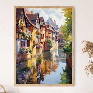 Poster con riflesso sul canale di Colmar, stampa artistica di un villaggio dell'Alsazia francese, scena pittorica sull'acqua