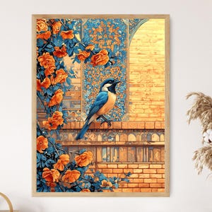 May include: A framed art print featuring a blue and yellow bird perched on a brick wall. Orange roses and blue foliage frame the bird and wall against a background of a patterned blue and orange design. The artwork has a warm, inviting color palette.
