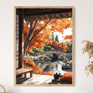 Hiroshima Terrasse mit Garten Kunstdruck, Herbstahorn Dekor Poster