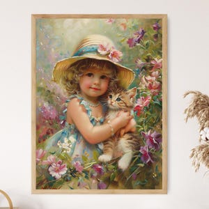 Adorable Toddler with Kitten in Pastel Floral Garden – Sweet Maud Humphrey Style Painting