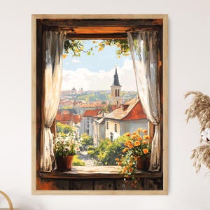 Impresión artística de ventana rústica del casco antiguo de Vilna, póster de decoración lituana