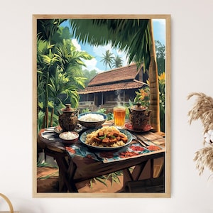 Op de afbeelding: Een gedekte tafel met een bord eten, een glas sap en twee kommen rijst. De tafel is gedekt met een kleurrijk tafelkleed en staat buiten in een tropische omgeving.