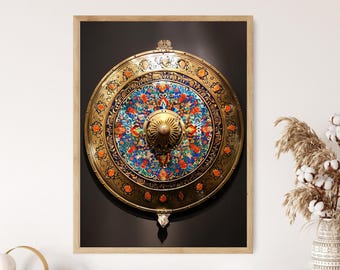 Può includere: Un pezzo decorativo circolare, ornato e incorniciato, con una cornice in metallo color oro. Il centro presenta un vivace motivo floreale in blu, rosso e arancione. Una manopola dorata a forma di raggio di sole è al centro. Il pezzo è montato su uno sfondo scuro.