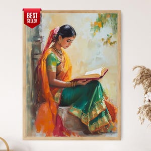 Indian Woman in Saree Art Print, Elegant Cultural Portrait, Boho Desi Wall Art