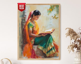 Indian Woman in Saree Art Print, Elegant Cultural Portrait, Boho Desi Wall Art