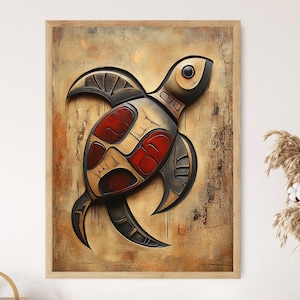 May include: Framed artwork featuring a stylized turtle design. The turtle is rendered in shades of red, tan, and black, with a textured appearance. The artwork is set against a textured, tan background and framed in a light-colored wood.