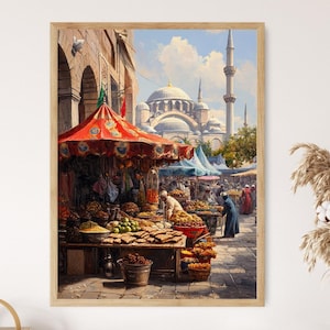 Impression d&#39;art du marché turc d&#39;Istanbul, scène de cuisine de rue avec brochettes et affiche de baklava, décoration murale colorée de bazar de dinde, art de la culture culinaire