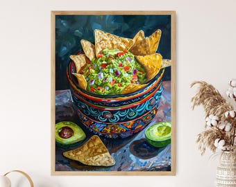 Colorful Guacamole and Chips Art, Mexican Restaurant Decor