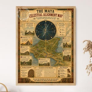 Può includere: Un poster incorniciato intitolato The Maya Celestial Alignment Map, che presenta una mappa stellare circolare centrale, una mappa di siti Maya tra cui Chichen Itza e Tikal, e testi dettagliati che spiegano allineamenti astronomici e calendari.