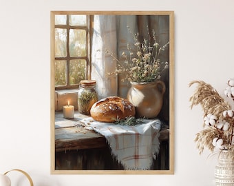 May include: A painting of a rustic still life with a loaf of bread, a jar of preserved herbs, a candle, and a vase of dried flowers on a wooden windowsill.
