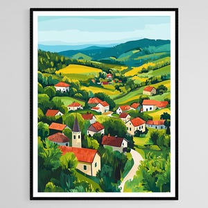 May include: A colorful painting of a small village nestled in rolling green hills. The houses have red roofs and are surrounded by trees. A winding road leads up to the village.