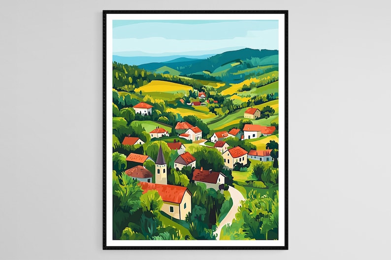 May include: A colorful painting of a small village nestled in rolling green hills. The houses have red roofs and are surrounded by trees. A winding road leads up to the village.