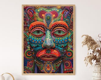 Impressão de arte Huichol autêntica, padrão de contas intrincado, arte popular para casa