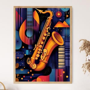 May include: A colourful abstract illustration of a saxophone with geometric shapes and patterns in shades of blue, red, orange, and yellow.