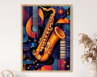 油絵「　ジャズ　」原画 ジャズサックス奏者のイラスト、ヴィンテージ音楽アート、ジャズクラブ