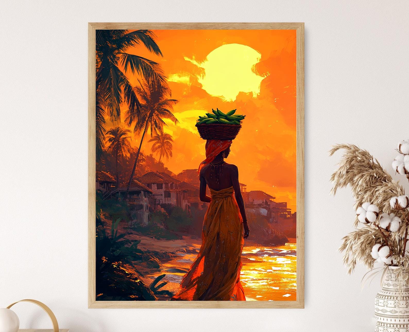 Dominican Woman with Plantains Illustration, Beach Village Art Print
