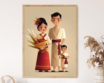 May include: A framed illustration of a family in traditional clothing. The woman is holding a bouquet of flowers, the man is wearing a white shirt and red sash, and the child is holding a small bouquet of flowers.