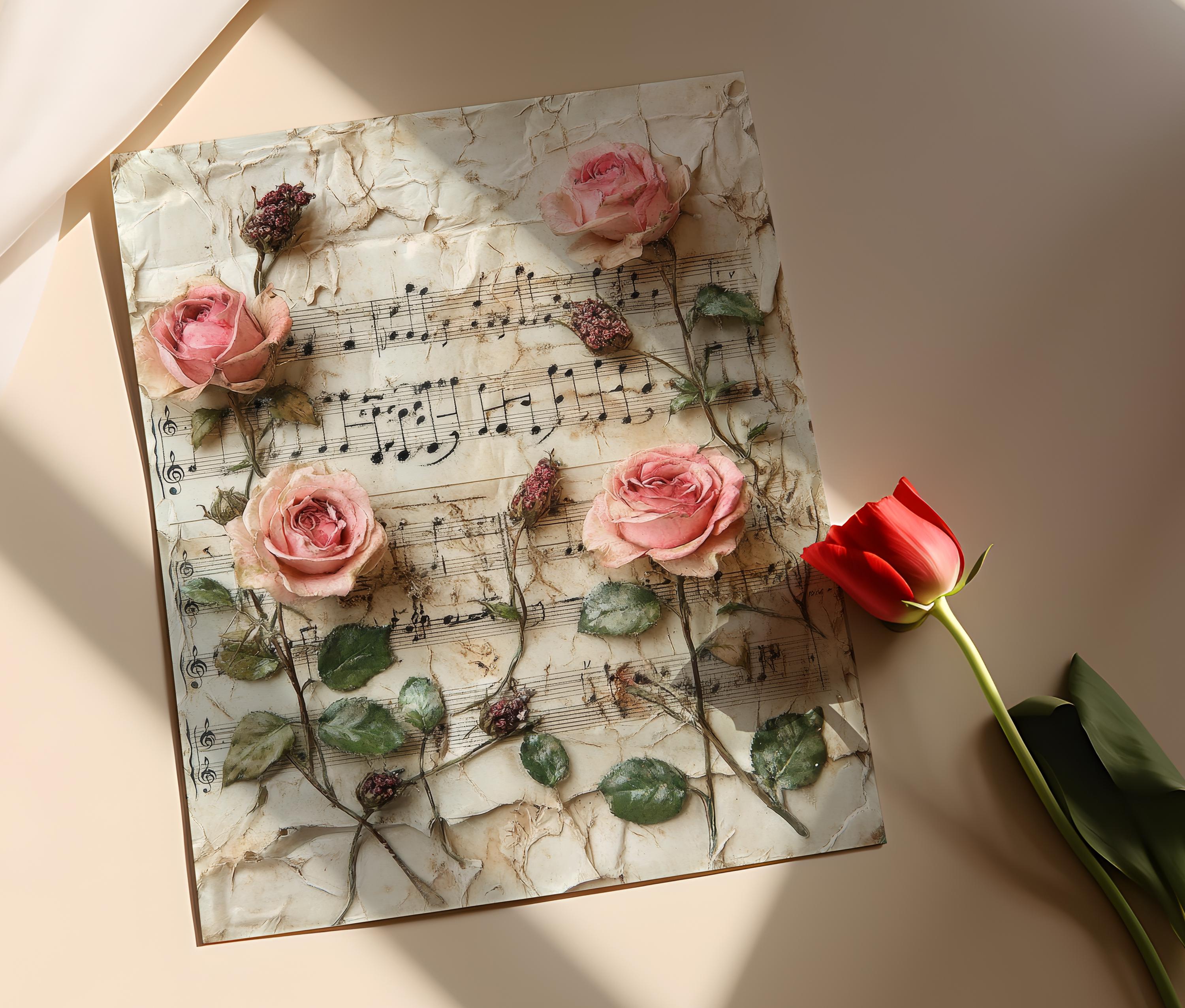 Vintage Rose and Music Sheet Art Print: Romantic Floral Wall Decor - Etsy