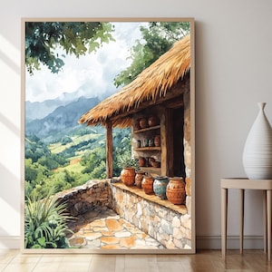 May include: A watercolor painting of a small, rustic hut with a thatched roof, nestled in a lush green valley. The hut has a stone porch with a row of terracotta pots, and the view from the porch is of rolling hills and mountains in the distance.
