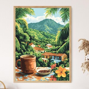 Peut inclure: Une peinture représentant un paysage tropical avec une montagne en arrière-plan. Au premier plan, une tasse de café et une assiette de grains de café sur une table. La peinture est encadrée de bois.