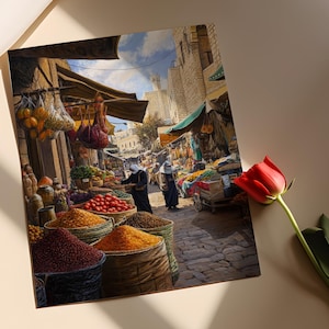 May include: A bustling marketplace in the Middle East with colorful spices, fruits, and vegetables displayed in baskets and stalls. The scene is vibrant and full of life, with people shopping and vendors selling their wares.