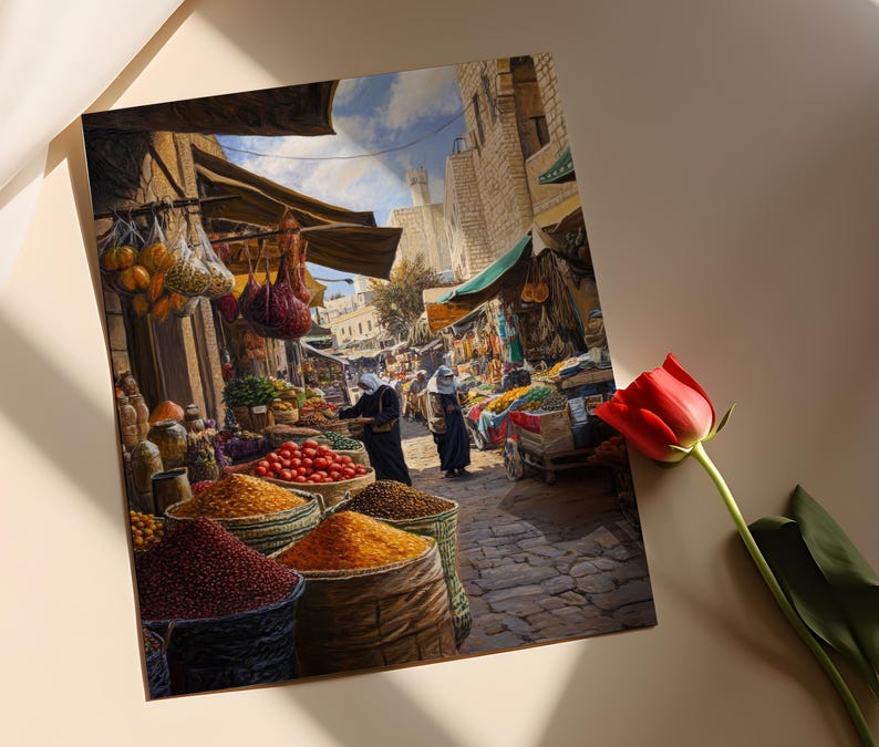 May include: A bustling marketplace in the Middle East with colorful spices, fruits, and vegetables displayed in baskets and stalls. The scene is vibrant and full of life, with people shopping and vendors selling their wares.