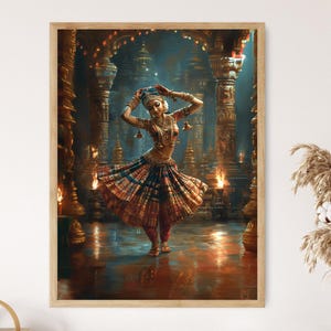 Peut inclure: Impression d'art encadrée d'une danseuse indienne dans un temple. La danseuse porte un costume traditionnel avec des bijoux dorés et une jupe colorée. L'arrière-plan présente des piliers ornés et un éclairage doux.