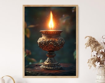 Sri Lankan Brass Oil Lamp Art Print, Traditional Artifact Poster, Heritage Decor Illustration