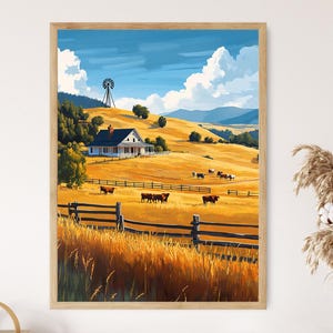 May include: A painting depicting a white farmhouse with a windmill in the background, situated on a rolling green hill with brown cows grazing in a field of golden wheat.