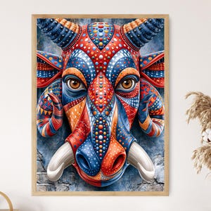 May include: A framed artwork featuring a colorful, stylized depiction of an animal head. The artwork showcases a vibrant palette of red, blue, and orange, with intricate patterns and details. The animal has large tusks and expressive eyes.