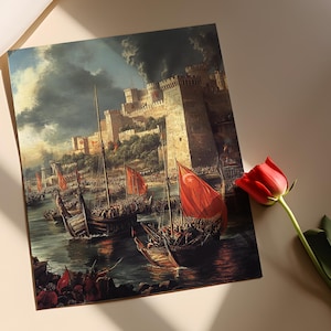 Istanbuls fall, ottomanskt stridsscentryck, historiskt konstverk vid Bosporenkanalen, medeltida krigföringsdekor bild 2