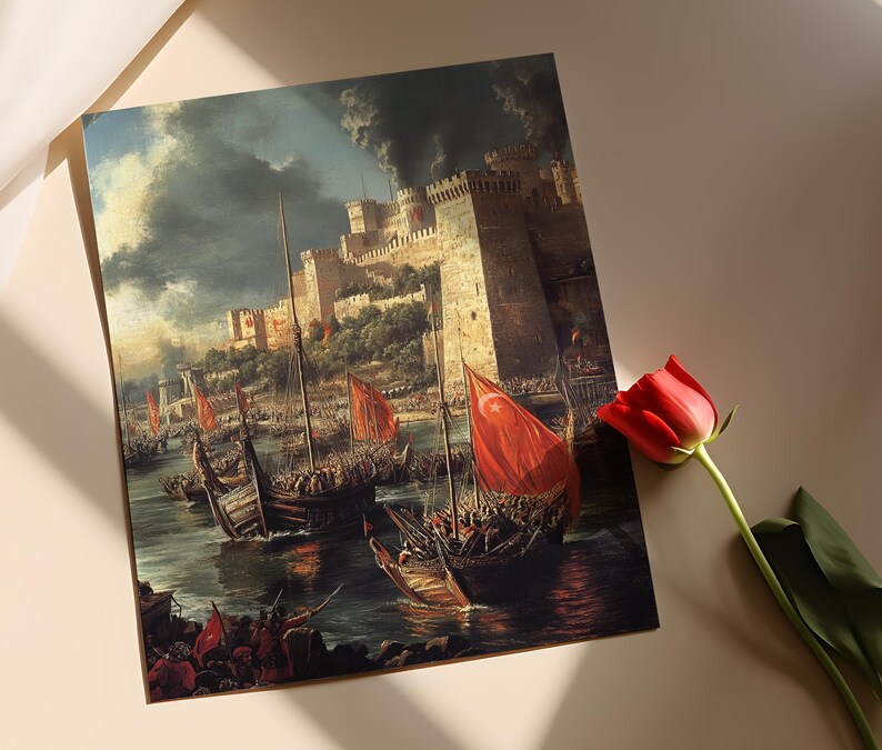 Istanbuls fall, ottomanskt stridsscentryck, historiskt konstverk vid Bosporenkanalen, medeltida krigföringsdekor bild 2