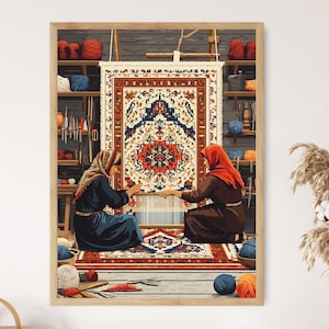May include: Two people are weaving a colorful rug on a loom. The rug has a traditional design with red, blue, and white colors. The loom is made of wood and has a simple design.