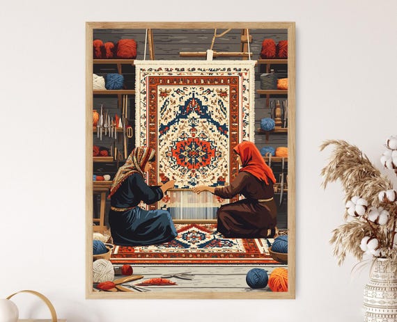 Afghan Carpet Weaving Art Print: Traditional Rug Loom Poster