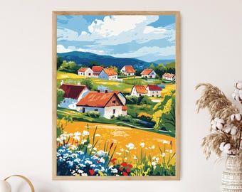 Hlebine Village Art Print, Croatian Naive Art, Pastoral Landscape, Rural Scene