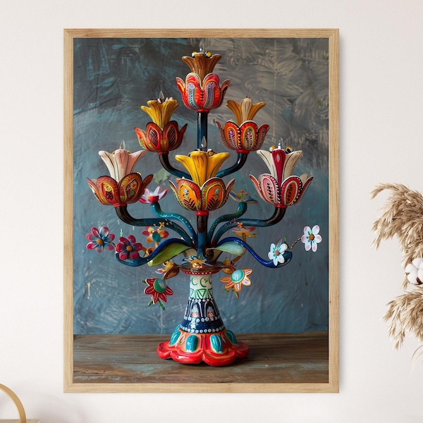 Colorful Mexican Candelabra Artwork, Vibrant Folk Art