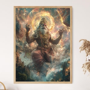 May include: A framed digital art print depicting a deity with a long white beard, wearing a golden crown and jewelry. The artwork features a vibrant color palette of gold, red, and blue, with a celestial background and a mystical atmosphere.