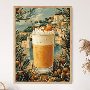 Greek Frappe Art Print, Olive Branches and Sea View