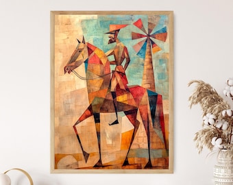 May include: Abstract painting of a person riding a horse with a windmill in the background. The painting is done in a geometric style with bold colors, including red, orange, yellow, blue, and green.