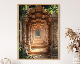 May include: A photograph of a long, narrow hallway in an ancient stone temple. The hallway is lined with intricately carved pillars and arches, and sunlight streams in from the opening at the end.