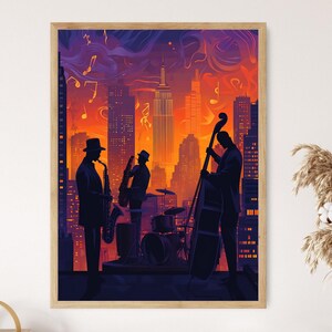 May include: Silhouettes of four musicians playing jazz in front of a cityscape at sunset. The musicians are playing saxophone, bass, drums, and a keyboard. The cityscape is a mix of tall buildings and skyscrapers. The sky is a vibrant orange and purple.