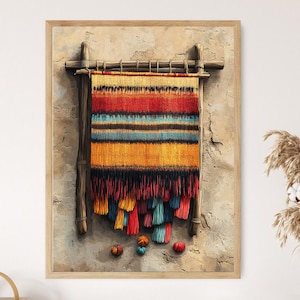 May include: A rectangular wall hanging featuring horizontal stripes in shades of red, orange, yellow, and blue, suspended from a wooden frame. The textile has long, dangling fringe at the bottom with several small, round, colorful fabric balls.