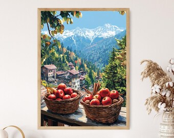 Peinture Shimla de panier de balcon, affiche de pomme et de noyer, impression d'art du marché de la colline de l'Himachal Pradesh