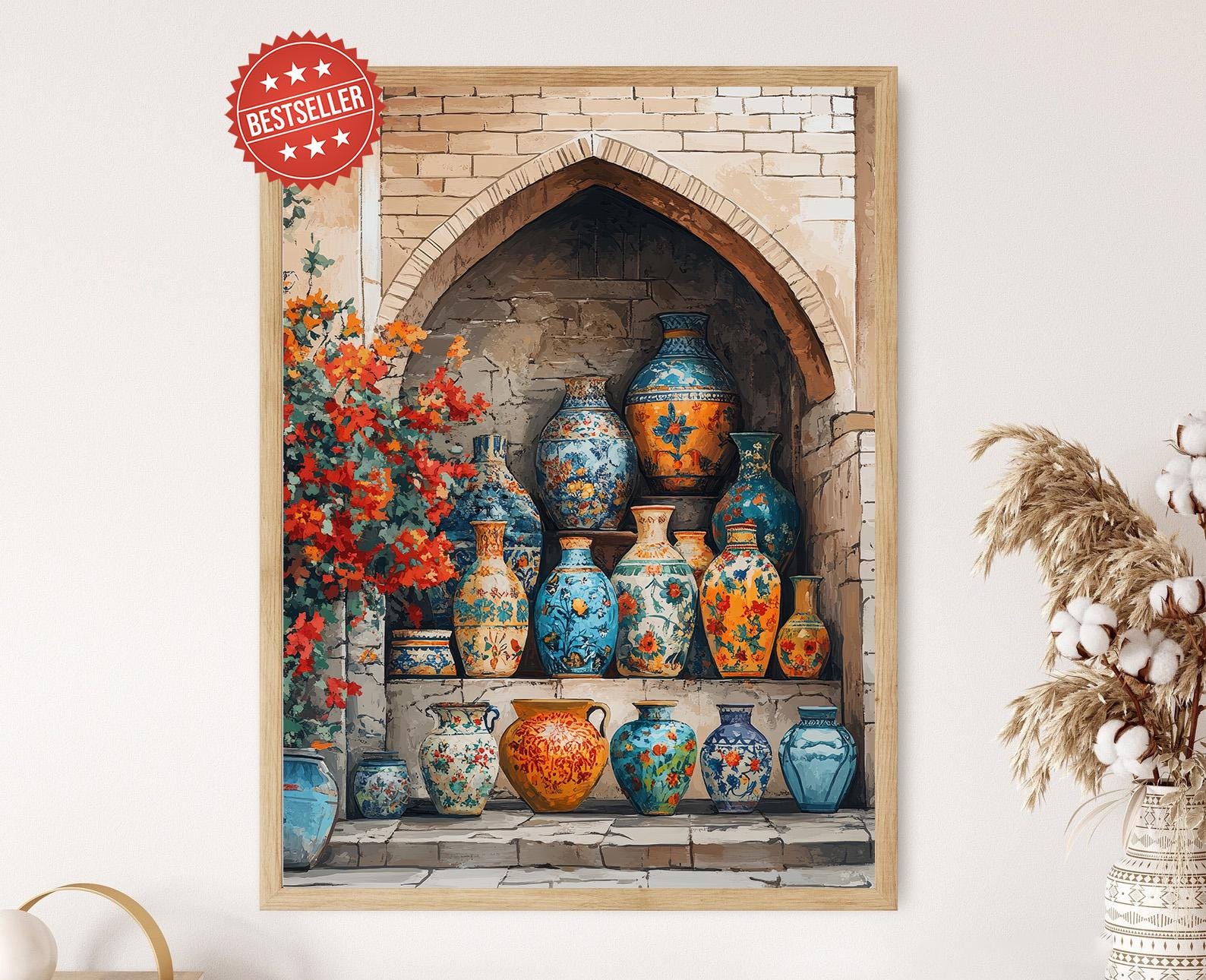 Iranian Pottery Art Print, Vibrant Market Scene | Persian Decor, Cultural Iran, Colorful Ceramic Display, Traditional Art