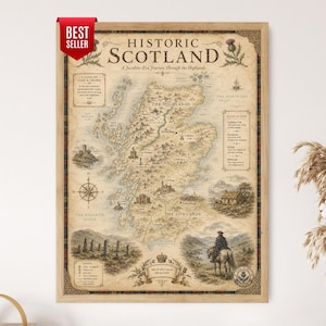 May include: A framed map titled Historic Scotland: A Jacobite-Era Journey Through the Highlands. The map features geographical details, a compass rose, illustrations of standing stones and a rider on horseback, and a red Best Seller banner.