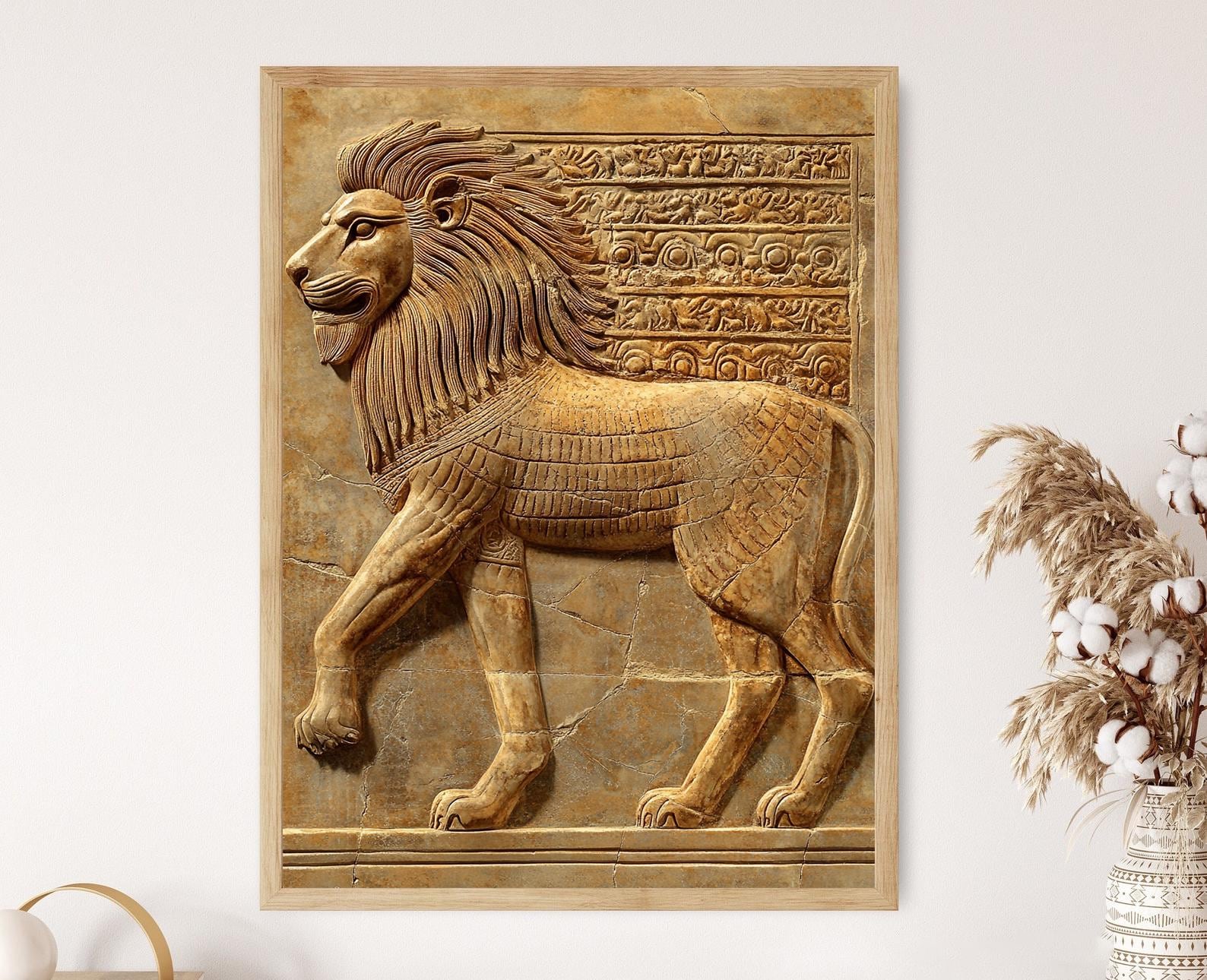 バビロニアのライオンのレリーフアートプリント、強さと威厳の象徴