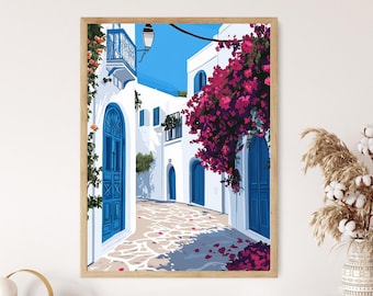 Puede incluir: Una pintura de un callejón encalado con puertas azules y una vibrante planta de buganvilla rosa. El callejón está bordeado de edificios blancos y tiene un suelo de adoquines.
