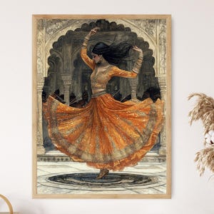 May include: A painting depicting a woman in a flowing orange and gold dress, dancing within a richly decorated archway. The woman has long dark hair and is adorned with jewellery. The painting is set against a backdrop of a traditional Indian palace.