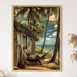 May include: A framed print of a tropical beach scene. A person relaxes in a hammock near a rustic wooden hut with a thatched roof. Palm trees frame the turquoise ocean under a cloudy sky. A wooden bucket sits near the hammock.