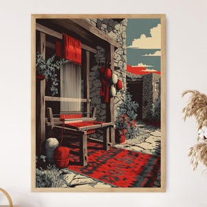 Sardischer Teppich Webstuhl Poster, Traditionelle Textilwerkstatt Kunstdruck, Flache Vektor Webszene